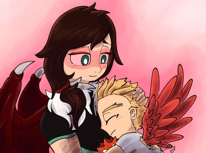 Fanart of an original character and "Hawks" from "My Hero Academia"